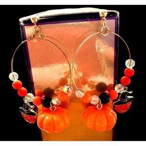 Halloween Earrings Hoop Handmade New Dangle Posts Jack O Lantern Pumpkin…